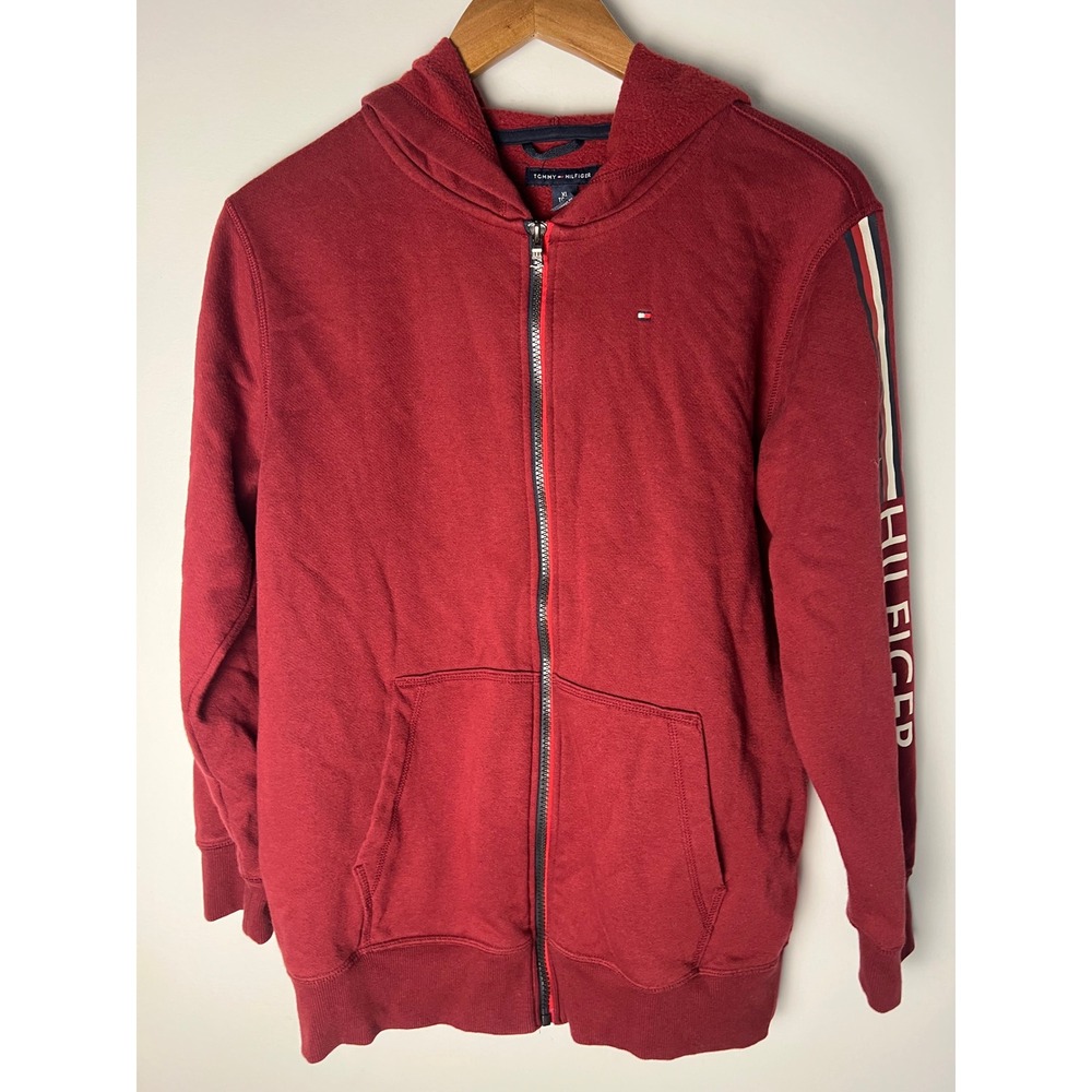 Tommy Hilfiger Full Zip Hoodie Boys XL/20 Red Sleeve Logo Fleece Y2K
